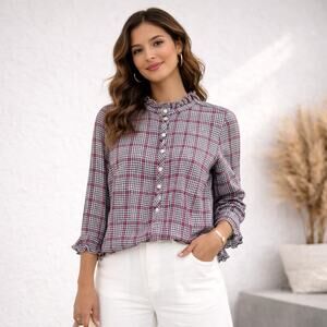 Talbots Blouse Women's Size S Plaid 1/4 Button- up Ruffled Neckline NWT